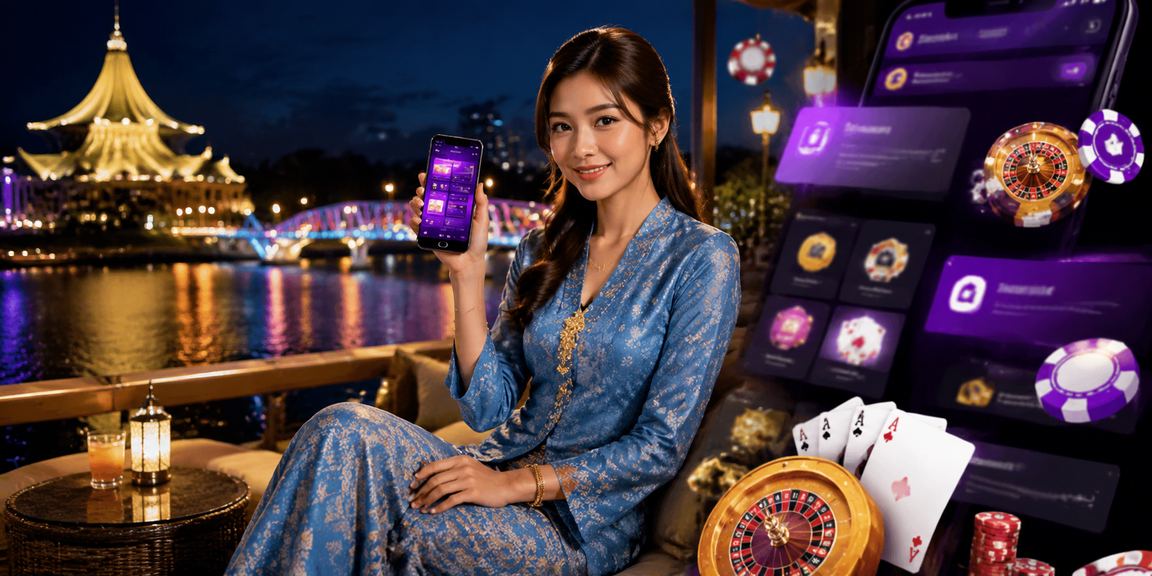Pengguna wanita berbaju kurung menggunakan aplikasi kasino mudah alih di Kuching Sarawak